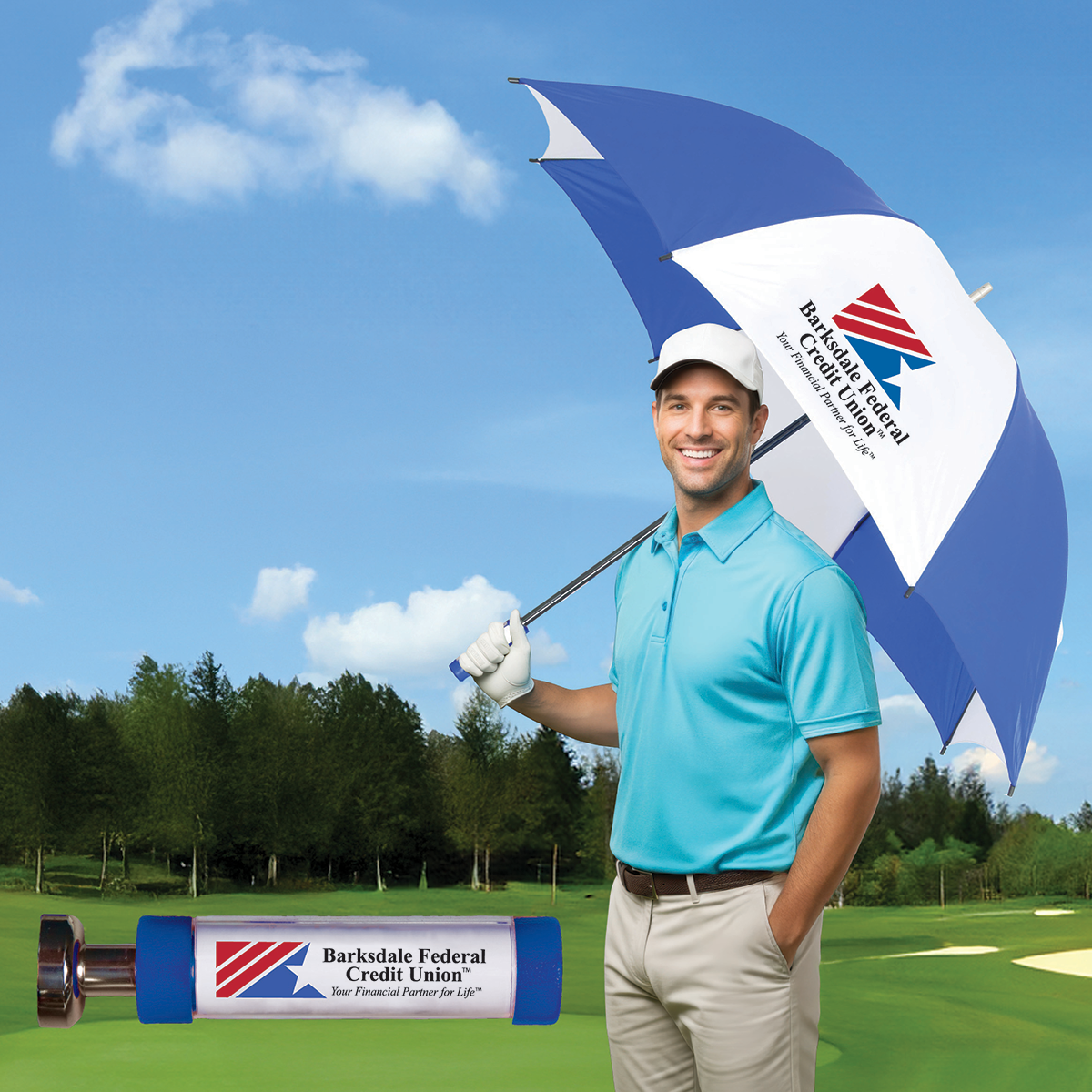 picture of man with a blue and white umbrella with a logo on it